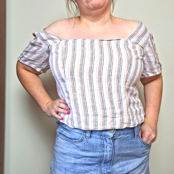 Sanctuary Striped Linen Blend Short Sleeve Smocked Blouse Size Small - Picture 1 of 8